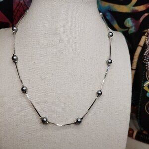 Monet Silver Tone Gray Faux Pearl Station Necklace 16in + 2in Extender